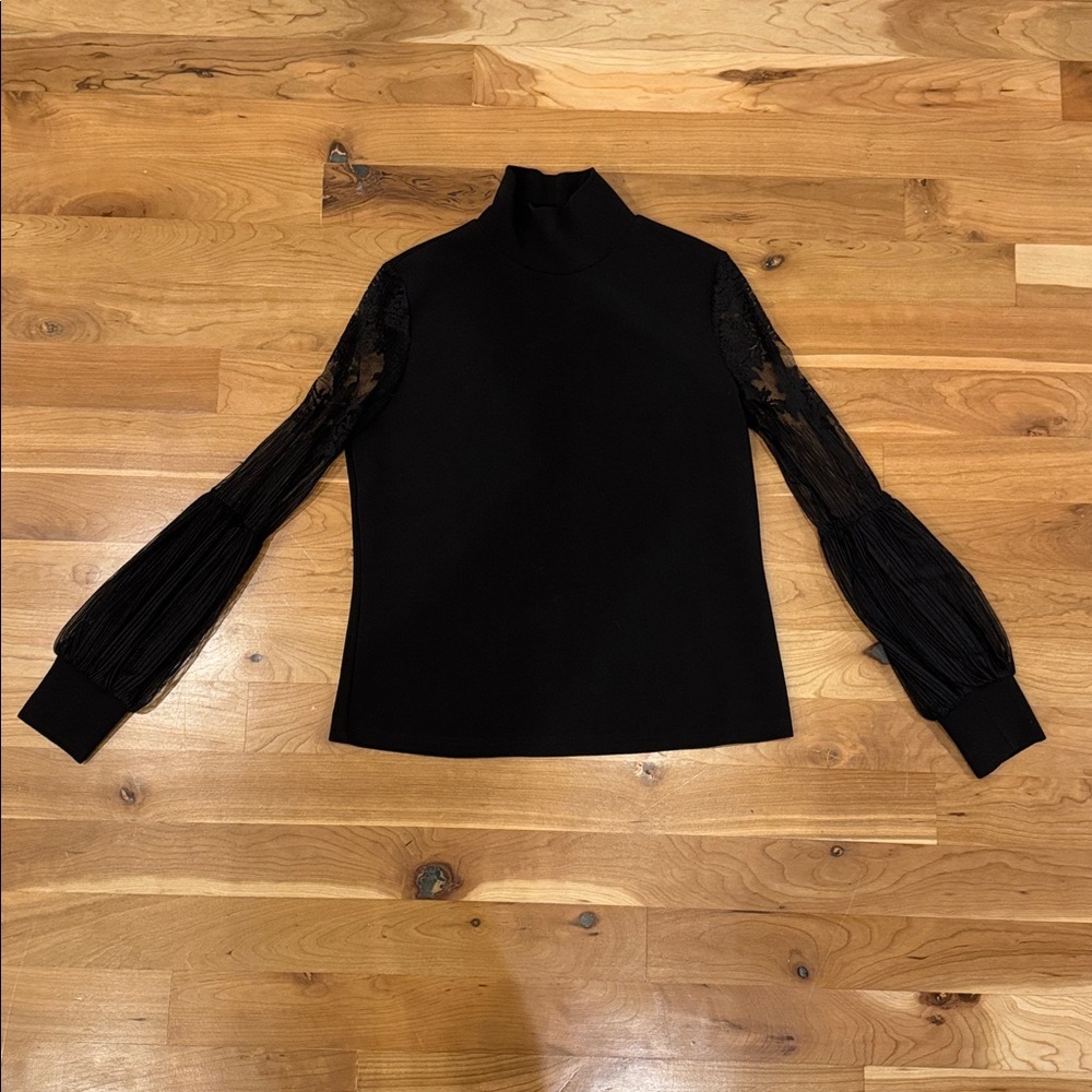 Black Turtleneck Top with Lace Sleeves